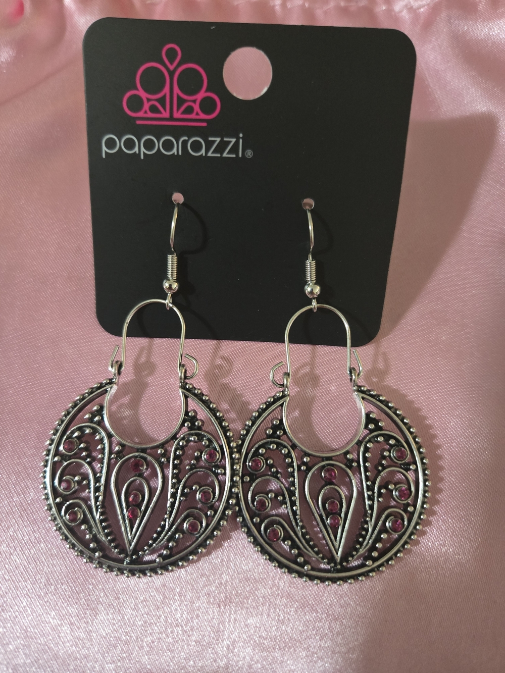 paparazzi Silver Filigree Hoop Earrings with Pink Accents